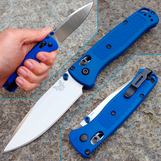 Benchmade - Bugout 535 EDC Manual Open Folding Knife - Drop-Point Blade - Serrated Edge - Satin Finish - Blue Grivory Handle